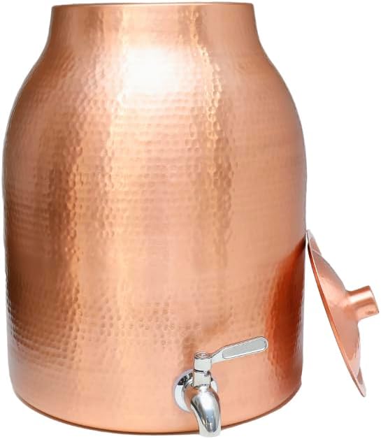 Pure Copper Water Dispenser with Lid | 100% Pure Copper, Heavy Gauge, Hand Hammered Storage Tank Pot | 3+ Gallons Capacity