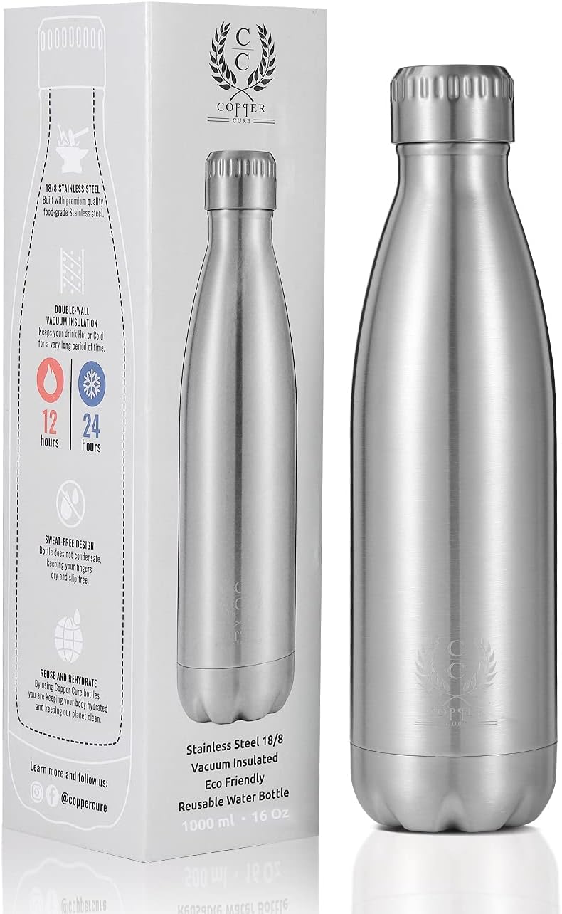 Water Bottle Stainless Steel Double Walled Vacuum Insulated, 1000ML, Keeps Water Hot & Cold for Long - Stainless Steel Thermos