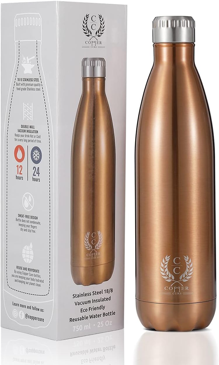 Stainless Steel Double Walled Water Bottle, Vacuum-Insulated Water Thermos 750 ML Copper