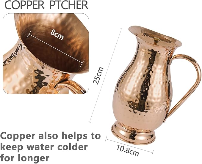 Pure Copper Water Jug with a Lid 70 Oz with a Pure Copper Hammered Glass Tumbler 12 Oz, Copper Pitcher 2000 ML with a Lid & Pure Copper Tumbler 350 ML Gift Set for Home, Hotel & Gifting