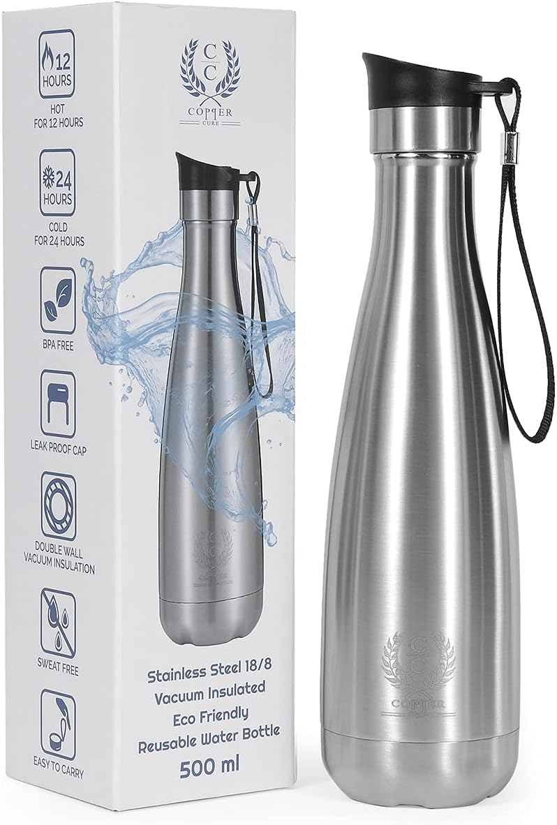 Copper Cure Exclusive 17 Oz 18/8 Stainless Steel Vacuum Insulated Bottle, Flask Water Bottle for Kids, Thermos Bottle Double Walled Insulation which keeps the drink Cold or Hot up to 24 hours