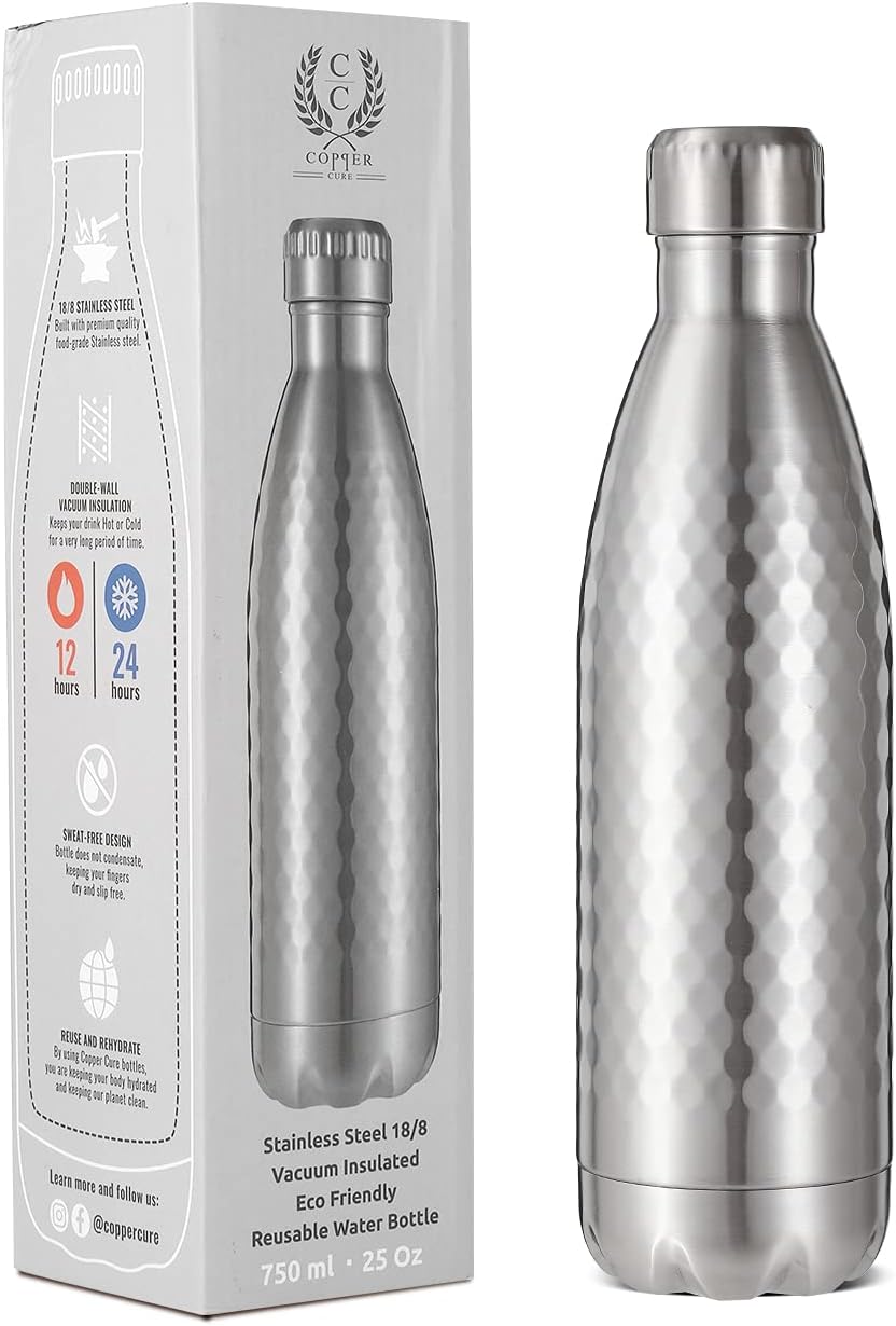 Stainless Steel Hammered Vacuum Insulated Double Walled Water Bottle, Vacuum-Insulated Water Thermos, 750ml Steel