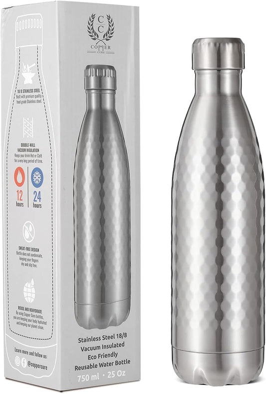 Stainless Steel Hammered Vacuum Insulated Double Walled Water Bottle, Vacuum-Insulated Water Thermos, 750ml Steel
