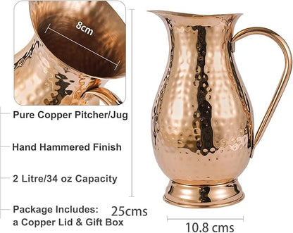 Pure Copper Water Jug with a Lid 70 Oz with a Pure Copper Hammered Glass Tumbler 12 Oz, Copper Pitcher 2000 ML with a Lid & Pure Copper Tumbler 350 ML Gift Set for Home, Hotel & Gifting