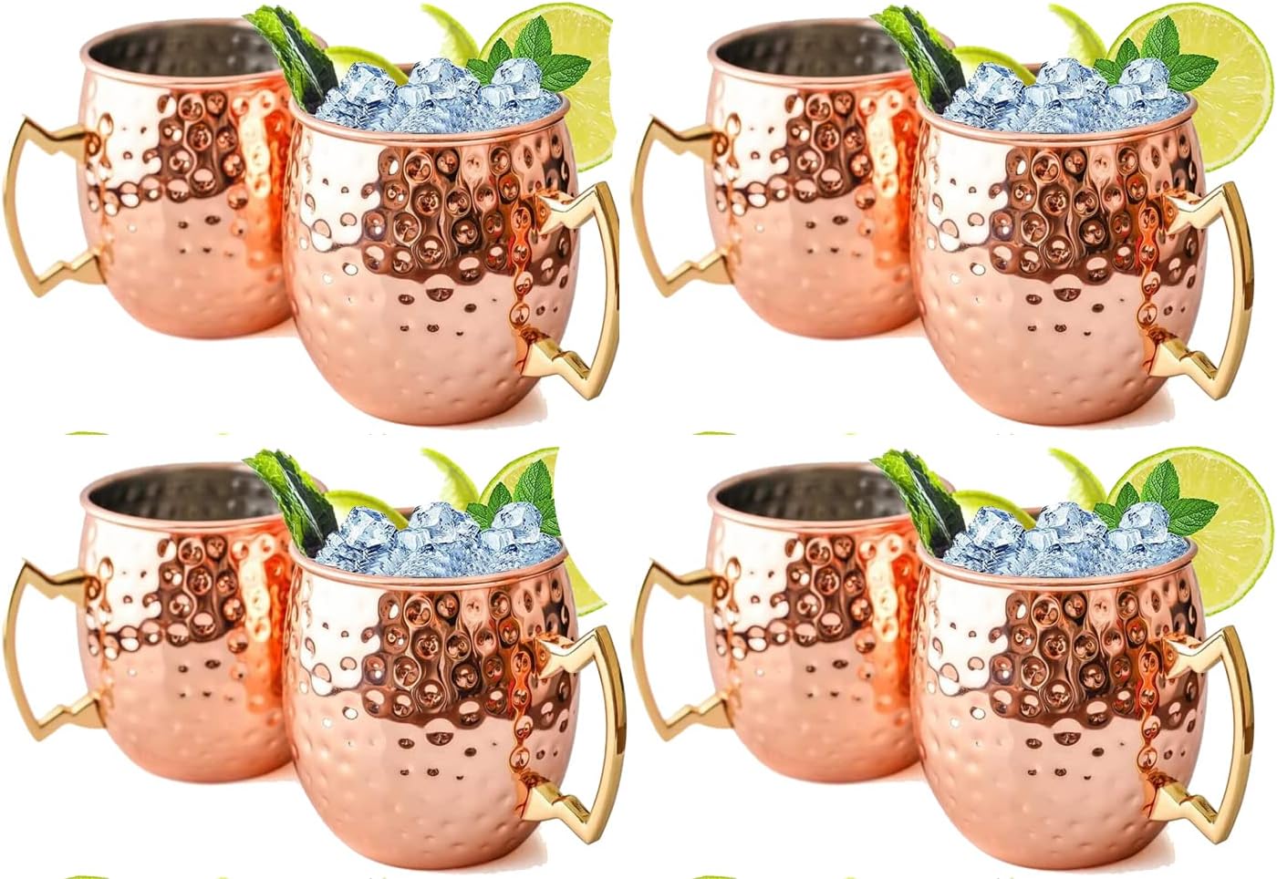 Moscow Mule Mugs Set of 8 | Large Size 19 ounces | Stainless Steel Lining Copper Hammered Cups | | Pure Copper Plating | Gold Brass Handles Gift Pack…
