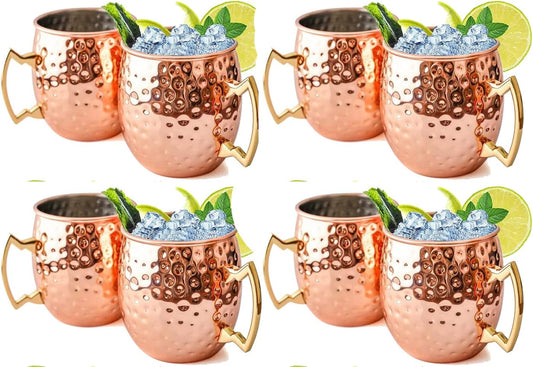 Moscow Mule Mugs Set of 8 | Large Size 19 ounces | Stainless Steel Lining Copper Hammered Cups | | Pure Copper Plating | Gold Brass Handles Gift Pack…