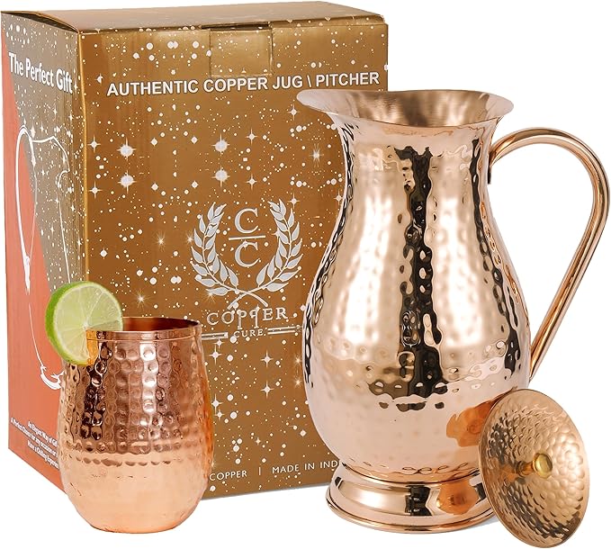 Pure Copper Water Jug with a Lid 70 Oz with a Pure Copper Hammered Glass Tumbler 12 Oz, Copper Pitcher 2000 ML with a Lid & Pure Copper Tumbler 350 ML Gift Set for Home, Hotel & Gifting