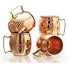 (Gift Set) Pure Copper Hammered Mugs with Copper Straws & Wooden Coasters Set of 4 - PREMIUM QUALITY -16 Oz Copper Cups - 100% Handcrafted - A Gift Pack for your loved Ones