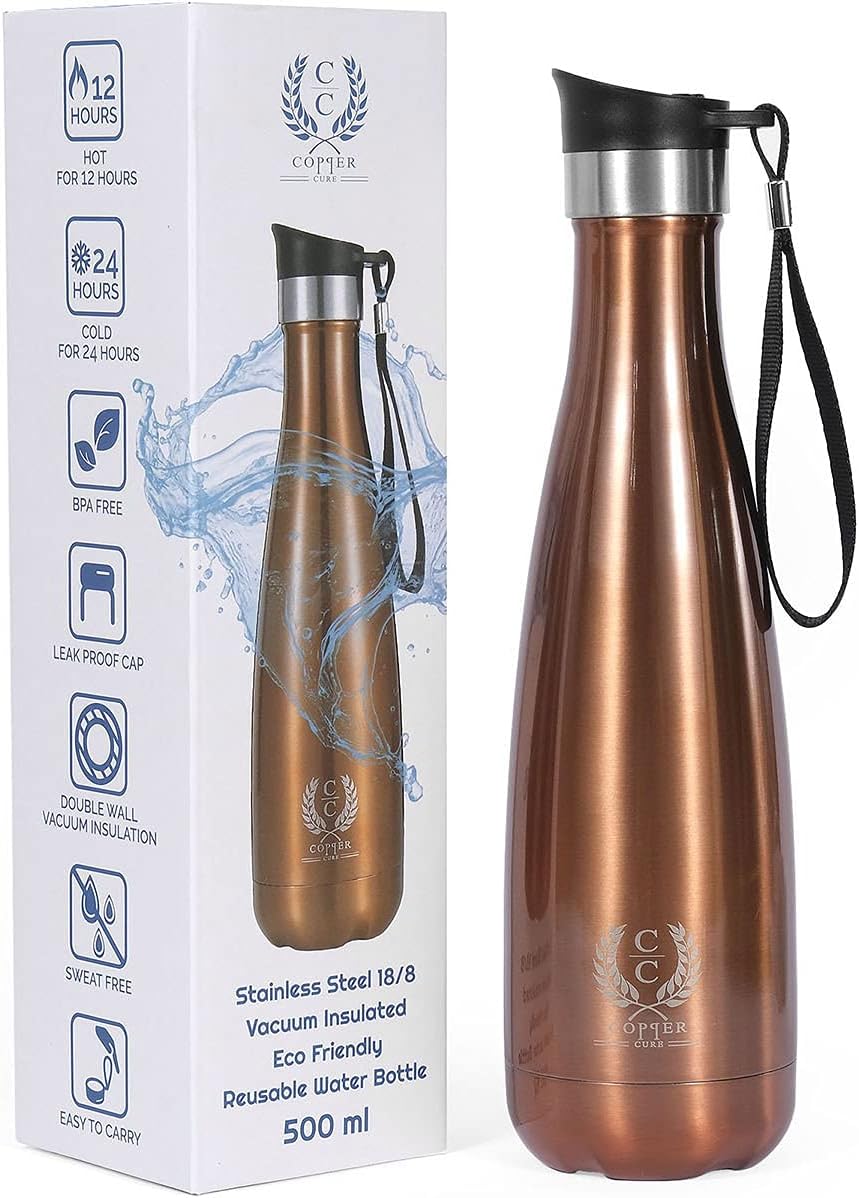 Copper Cure Exclusive 17 Oz 18/8 Stainless Steel Vacuum Insulated Bottle, Flask Water Bottle for Kids, Thermos Bottle Double Walled Insulation which keeps the drink Cold or Hot up to 24 hours