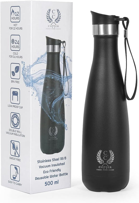 Copper Cure Exclusive 17 Oz 18/8 Stainless Steel Vacuum Insulated Bottle, Flask Water Bottle for Kids, Thermos Bottle Double Walled Insulation which keeps the drink Cold or Hot up to 24 hours