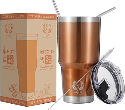 Copper Cure Stainless Steel Vacuum Insulated 30 oz Tumbler - Coffee Cup, Double Wall Tumbler, Travel Mug w/ Lid, Straws set and Straw Cleaning Brush, keeps the Drinks Cold or Hot for Hours
