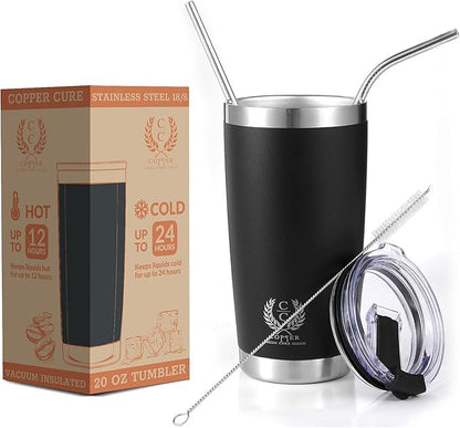 Stainless Steel Tumbler 20 Oz Black, Coffee Cup, Double Wall Tumbler Travel Mug w/Lid & Straws, keeps the Drinks Cold or Hot for Hours