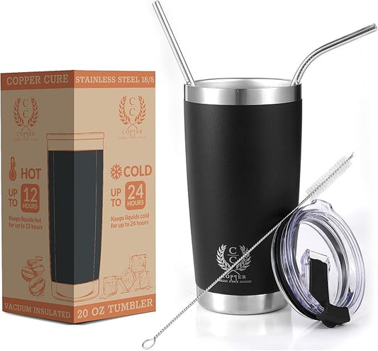 Stainless Steel Tumbler 20 Oz Black, Coffee Cup, Double Wall Tumbler Travel Mug w/Lid & Straws, keeps the Drinks Cold or Hot for Hours