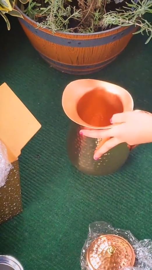 Pure Copper Water Pitcher With Lid, 100% Solid Jug, 70 Oz Capacity, Hammered Vessel, Carafe for Ayurveda Health, Healing Benefit, Home, Hotel & Gifting