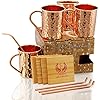 Gift Set Pure Copper Hammered Mugs with Copper Straws & Wooden Coasters Set of 4 - PREMIUM QUALITY -16 Oz Copper Mug - 100% Handcrafted - A Gift Pack for your loved Ones.