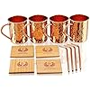 Gift Set Pure Copper Hammered Mugs with Copper Straws & Wooden Coasters Set of 4 - PREMIUM QUALITY -16 Oz Copper Mug - 100% Handcrafted - A Gift Pack for your loved Ones.