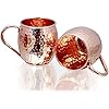 Gift Set Solid Pure Copper Hammered Mugs - 100% HANDCRAFTED Copper Cups - BONUS 2 Wooden Coasters, 2 Copper Straws Set of 2