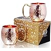 (Gift Box) Copper Mugs - Set of 2-100% HANDCRAFTED – Pure Solid Copper Cups - Comfortable Thumb Rest Handle - BONUS Copper Straws and Coasters