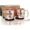 (Gift Box) Copper Mugs - Set of 2-100% HANDCRAFTED – Pure Solid Copper Cups - Comfortable Thumb Rest Handle - BONUS Copper Straws and Coasters