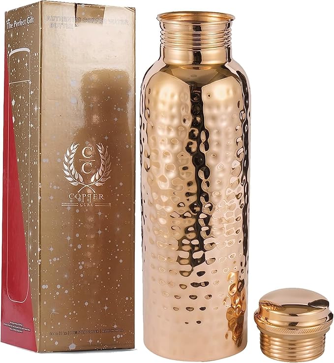 Pure Copper Bottle - 100% Solid Handcrafted Copper Hammered Bottle, Capacity 34 Oz/1000 ML - Copper Bottle for Home, Office, Hotel and Gifting