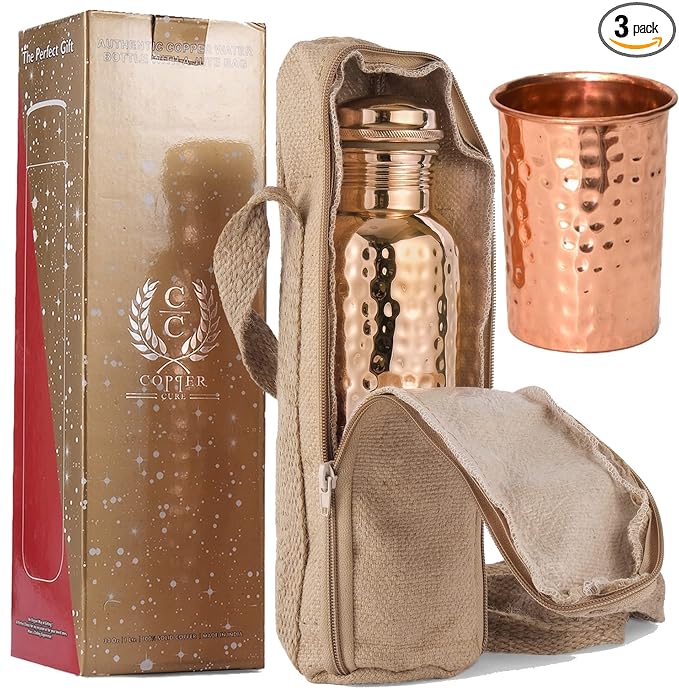 Pure Copper Water Bottle - 34 Oz/1 Litre w/Copper Glass & Jute Bag Gift Pack - Ayurvedic Copper Vessel - Drink More Copper Water, Enjoy The Health Benefits of Copper Hammered Bottle Immediately