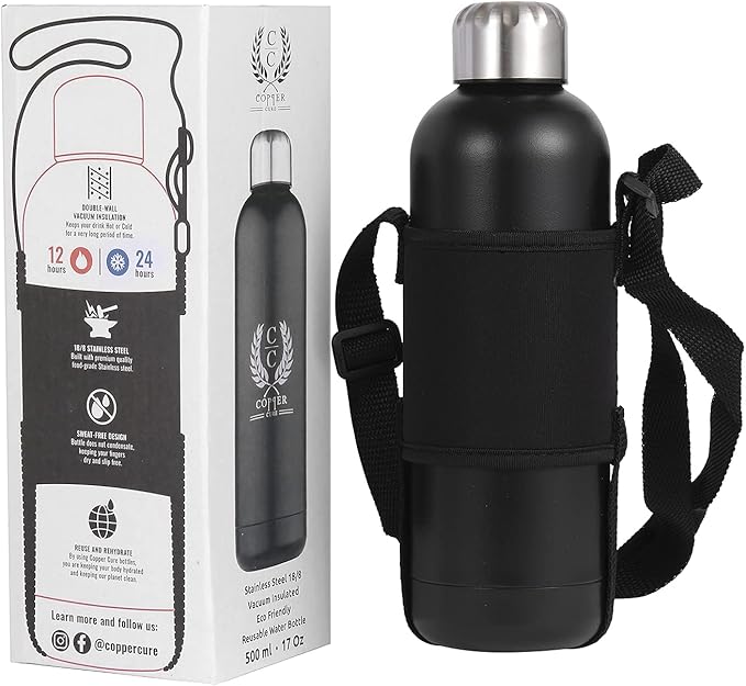 Stainless Steel Water Bottle Double Walled Vacuum Insulated 500 ML - 17 Oz Black Color